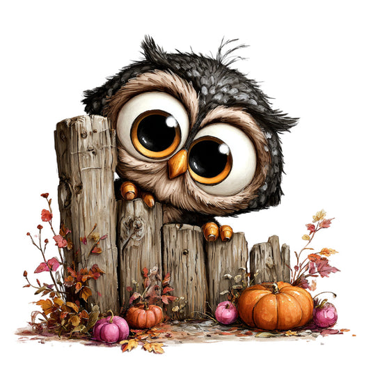 owl, autumn, fall, halloween, thanksgiving, pumpkin, harvest, woodland, whimsical, rustic, farmhouse, nature, animal, bird, golden yellow, orange, brown, cream, mauve, dusty rose, pink, burgundy, wood grain, wooden fence, autumn leaves, seasonal, folk art, cottage core, children's, cute