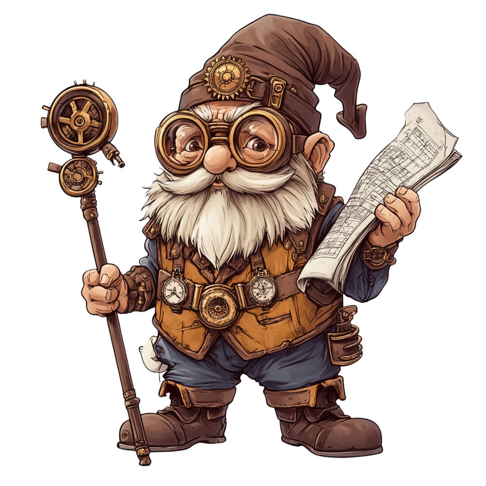 steampunk, gnome, fantasy character, brown, bronze, gold, copper, white beard, goggles, mechanical, gears, clockwork, staff, scroll, blueprint, vest, boots, hat, whimsical, fabric panel, cotton quilting, adventure theme, inventor character