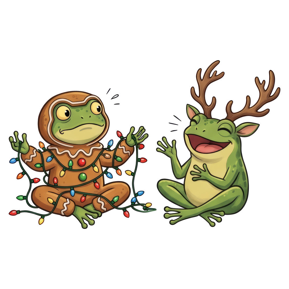 frogs, gingerbread, christmas, holiday, festive, whimsical, cute animals, green, brown, gingerbread man, reindeer antlers, christmas lights, colorful lights, playful, fun, children's, kids, winter, seasonal, humorous, quirky, festive theme, novelty, character design, dessert, baking, gingerbread house