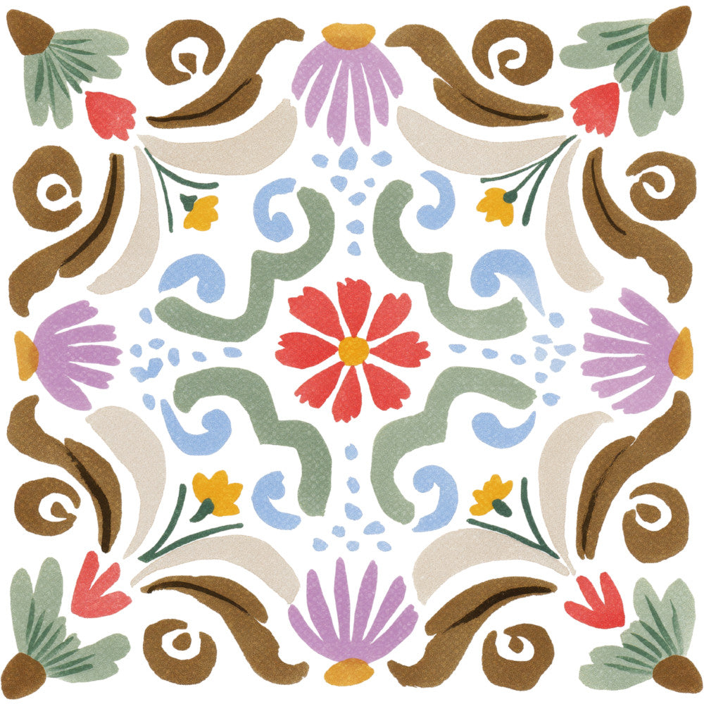 folk art, floral, botanical, symmetrical, ornamental, decorative, blue, green, red, cream, purple, yellow, gold, brown, sage green, coral red, lavender, dusty blue, traditional, vintage, bohemian, whimsical, rustic, spring, summer, nature-inspired, tile pattern, damask, medallion, scrollwork