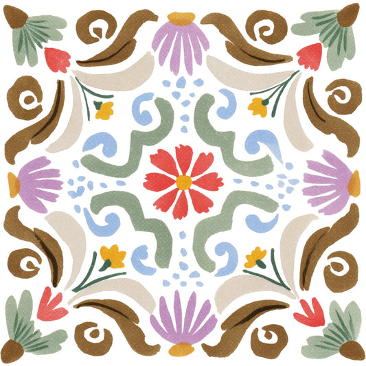 folk art, floral, botanical, symmetrical, ornamental, decorative, blue, green, red, cream, purple, yellow, gold, brown, sage green, coral red, lavender, dusty blue, traditional, vintage, bohemian, whimsical, rustic, spring, summer, nature-inspired, tile pattern, damask, medallion, scrollwork