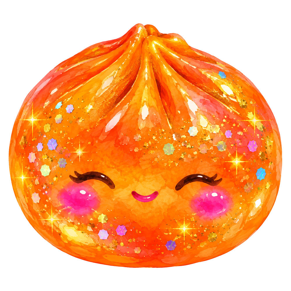 orange, gold, coral, sparkle, glitter, cute, kawaii, whimsical, character, face, closed eyes, happy expression, smiling, shimmer, stars, sequins, dimensional, shiny, metallic, pastel accents, playful, children's, fun, joyful, festive, fantasy, magical, summer, bright, vibrant