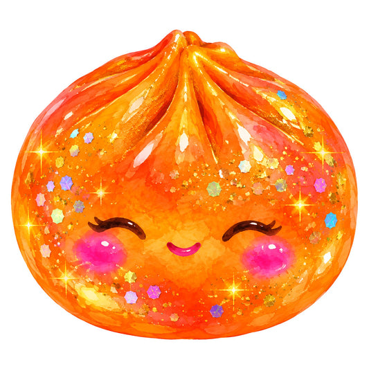 orange, gold, coral, sparkle, glitter, cute, kawaii, whimsical, character, face, closed eyes, happy expression, smiling, shimmer, stars, sequins, dimensional, shiny, metallic, pastel accents, playful, children's, fun, joyful, festive, fantasy, magical, summer, bright, vibrant