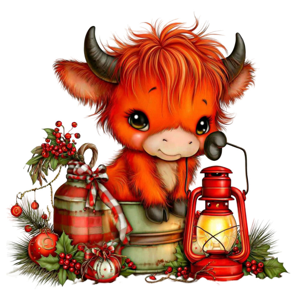 orange, red, cream, forest green, rust, burnt orange, highland cow, buffalo, cute animals, whimsical, holiday, christmas, festive, lantern, berries, holly, ornaments, plaid, tartan, rustic, farmhouse, traditional, winter, seasonal, december, gift-giving, cozy, country style, scottish, charming
