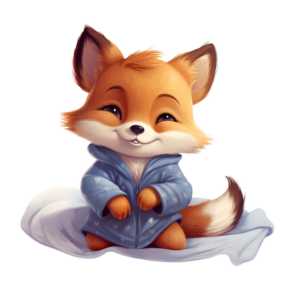 orange fox, blue pajamas, cute animal, cartoon style, fabric panel, quilting cotton, children's fabric, sleepwear theme, adorable character, orange fur, white chest, pointed ears, smiling expression, cozy blanket, soft illustration, nursery fabric, kid-friendly design, anthropomorphic animal, pastel blues, warm oranges