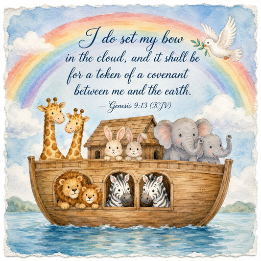 noah's ark, rainbow, religious, biblical, scripture verse, animals, giraffes, lions, elephants, zebras, rabbits, dove, white dove, baby nursery, children's, whimsical, storybook, soft pastels, sky blue, cream, warm gold, gentle, faith, covenant, watercolor, illustration, adorable, cute, gentle animals, baby quilt