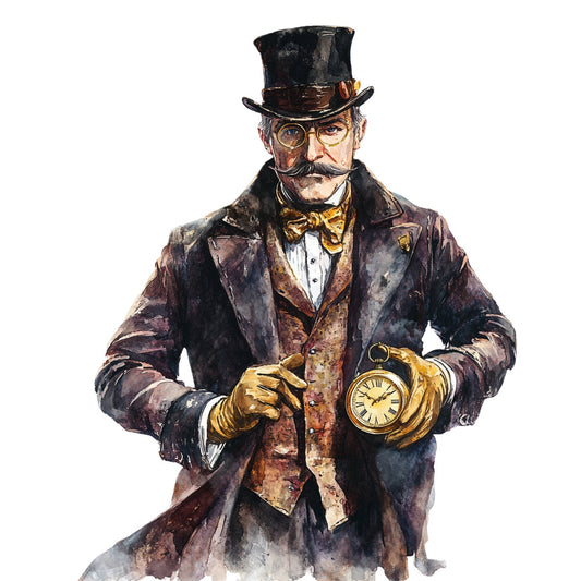 steampunk, victorian gentleman, vintage illustration, top hat, pocket watch, gold accents, brass, brown, burgundy, black, gold, sepia tones, formal wear, bowler hat, monocle glasses, gentleman portrait, retro, nostalgic, industrial, timeless, classic menswear, decorative panel, wall art, character fabric, historical fashion, elegant, sophisticated, ornate details
