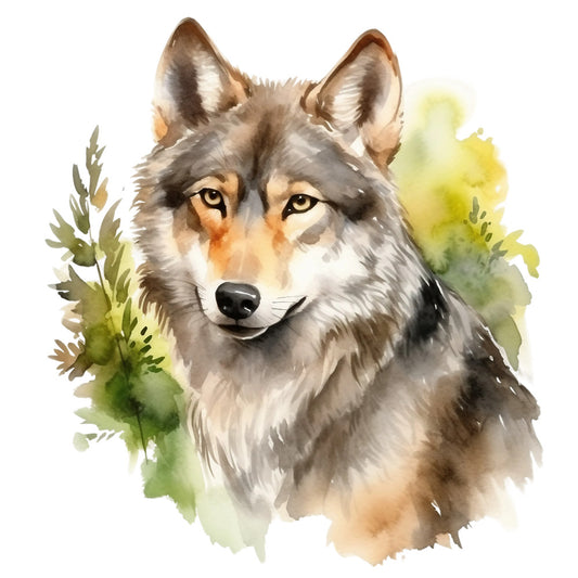 wolf portrait, watercolor style, gray fur, brown accents, amber eyes, green foliage, fabric panel, quilting cotton, wildlife art, forest theme, nature scene, realistic animal, warm earth tones, botanical elements, outdoor motif, wilderness design, soft brushstrokes, natural colors, animal portrait, fabric craft