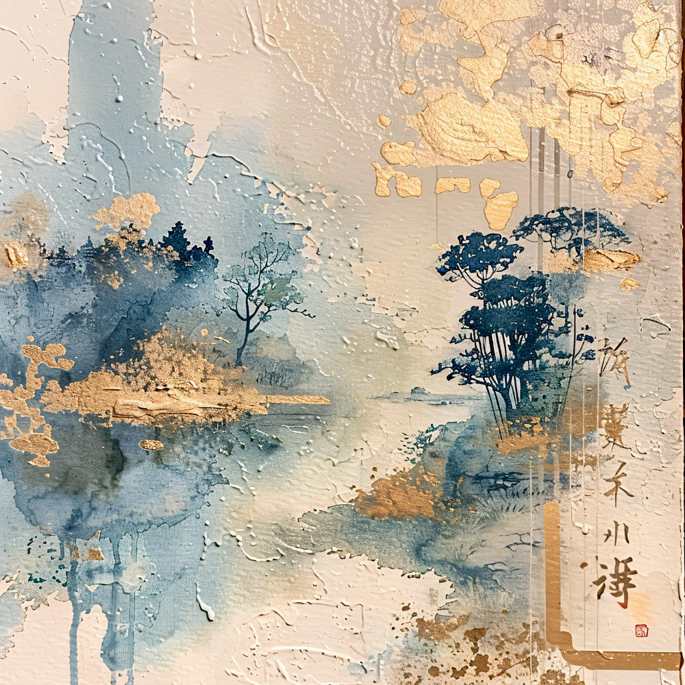 sage green, dusty blue, golden yellow, cream, watercolor landscape, asian calligraphy, trees, misty mountains, rice paper texture, fabric panel, quilting cotton, oriental art, serene mood, nature scene, brushstroke effect, vintage wash, peaceful setting, japanese characters, artistic print, landscape design