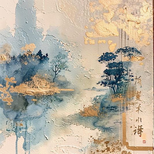 sage green, dusty blue, golden yellow, cream, watercolor landscape, asian calligraphy, trees, misty mountains, rice paper texture, fabric panel, quilting cotton, oriental art, serene mood, nature scene, brushstroke effect, vintage wash, peaceful setting, japanese characters, artistic print, landscape design