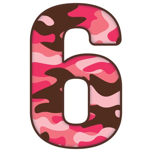 hot pink, coral pink, light pink, deep brown, chocolate brown, camouflage, camo pattern, abstract, wavy, organic, modern, contemporary, playful, whimsical, bold, vibrant, mixed media, layered, artistic, number 6, numeral, typography, children's, kids, playful design, gender neutral, trendy, statement print