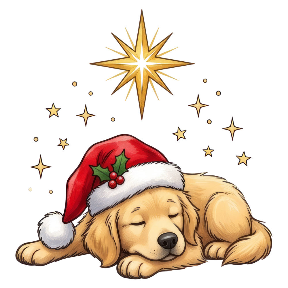 golden retriever, sleeping dog, santa hat, christmas, holiday, red and white, gold, stars, celestial, whimsical, cute, festive, winter, angel star, holly and berries, dog lover, pet themed, cozy, warm tones, tan, cream, dark brown, four-pointed stars, dimensional stars, peaceful, gentle, Christmas dog, holiday animal, traditional Christmas, decorative motifs
