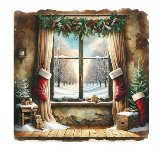 vintage christmas, winter scene, rustic window, red stockings, evergreen garland, pine cones, snowy landscape, bare trees, wooden floor, cream curtains, lantern, gift boxes, fabric panel, quilting cotton, holiday theme, cozy interior, brown earth tones, forest green, crimson red, winter white