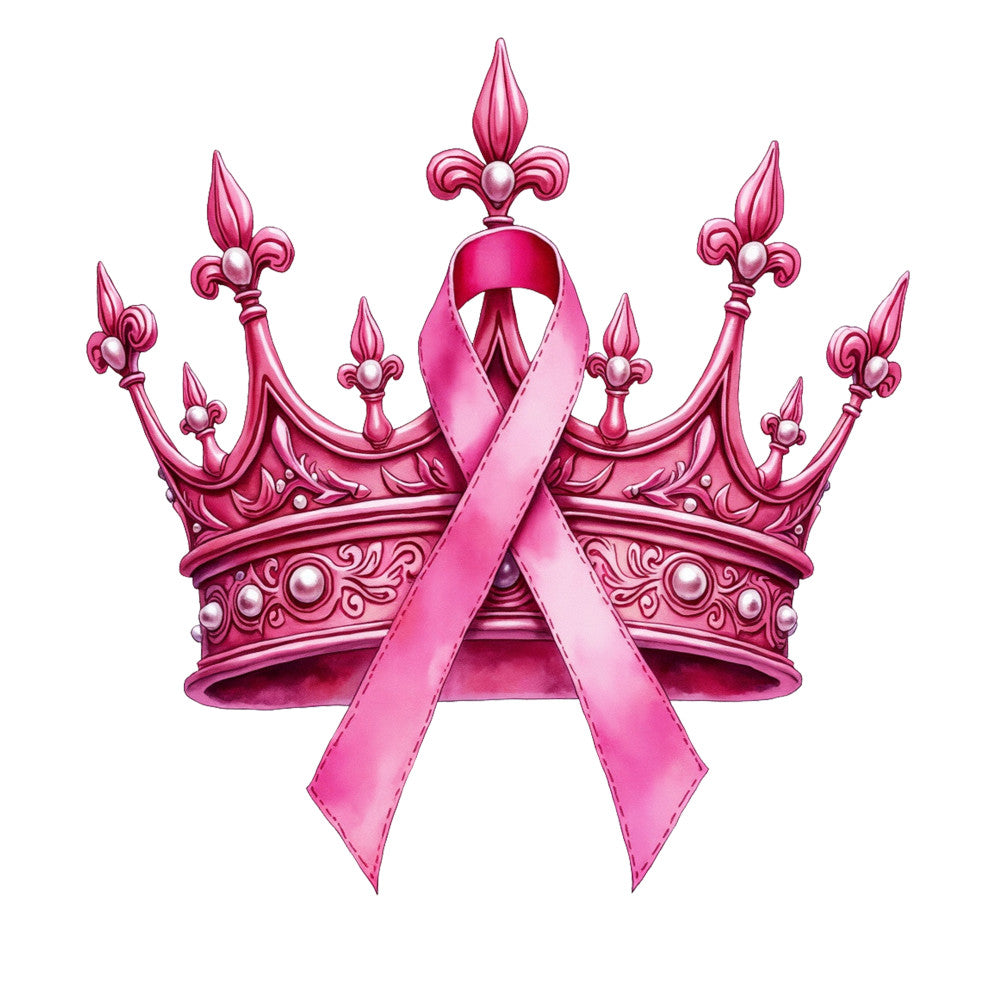 pink, magenta, rose, crown, royal crown, awareness ribbon, breast cancer ribbon, ornate design, decorative elements, fleur-de-lis, pearls, jeweled crown, fabric panel, quilting panel, cotton fabric, awareness theme, medical awareness, support ribbon, regal design, princess crown