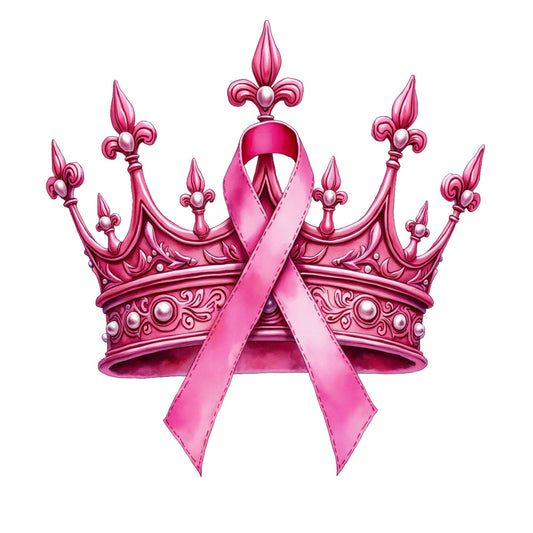 pink, magenta, rose, crown, royal crown, awareness ribbon, breast cancer ribbon, ornate design, decorative elements, fleur-de-lis, pearls, jeweled crown, fabric panel, quilting panel, cotton fabric, awareness theme, medical awareness, support ribbon, regal design, princess crown