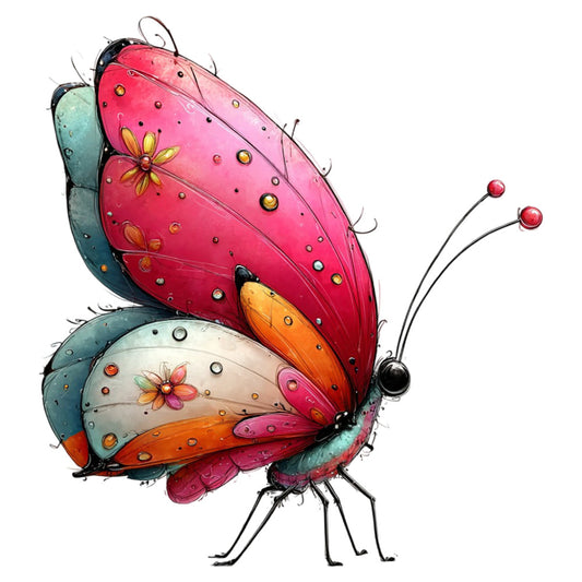 butterfly, pink, coral, orange, yellow, teal, turquoise, mint green, cream, multicolor, floral, nature, whimsical, spring, summer, insects, decorative spots, embellished, artistic, children's, playful, vibrant, garden, polka dots, flowers, fantasy, bright, cheerful, illustration style, botanical