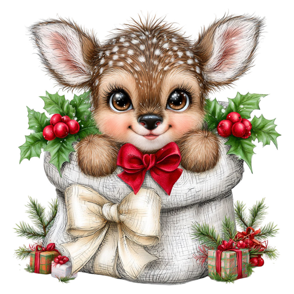 cute deer, fawn, holiday, christmas, festive, whimsical, cream, red, forest green, brown, woodland animals, holly berries, red bow, gifts, presents, winter, seasonal, baby quilt, children's, nursery, wall hanging, decorative panel, elegant, charming, nature-inspired, forest theme, berry motif, evergreen branches, gift boxes