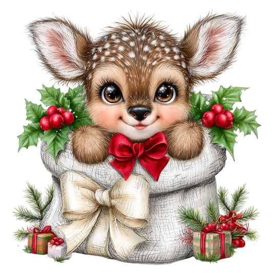 cute deer, fawn, holiday, christmas, festive, whimsical, cream, red, forest green, brown, woodland animals, holly berries, red bow, gifts, presents, winter, seasonal, baby quilt, children's, nursery, wall hanging, decorative panel, elegant, charming, nature-inspired, forest theme, berry motif, evergreen branches, gift boxes