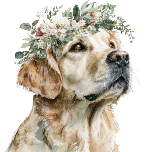 dog portrait, golden retriever, labrador, floral crown, botanical, cream, white, tan, brown, rust, sage green, eucalyptus, daisies, roses, blush pink, watercolor, whimsical, elegant, nature, animals, pets, dog lover, spring, summer, gentle, soft, feminine, decorative panel, wall art, cottage core