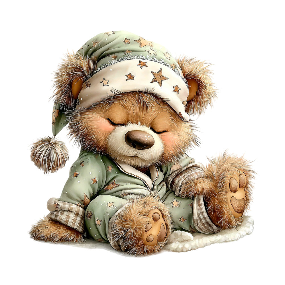 sage green, cream, tan, brown, bronze stars, teddy bear, sleeping bear, nighttime, pajamas, nightgown, bedtime, whimsical, cute, adorable, children's, baby, nursery, sweet dreams, stars, nightcap, plaid, cozy, soft, gentle, lullaby, starry night, children's illustration, storybook, vintage style, nursery decor