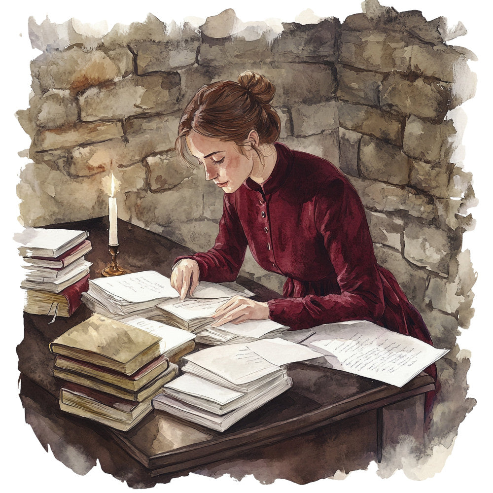 burgundy, deep red, cream, beige, tan, brown, stone, literary, vintage, historical, studious, elegant, traditional, woman reading, books, candles, writing, scholar, library, classic, period piece, home decor, wall art, educational, intellectual, timeless, steampunk, antique, sepia tones, intellectual pursuits
