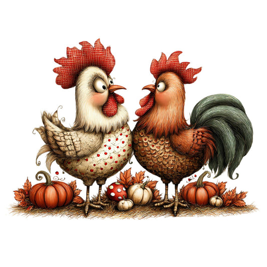 rooster, hen, chicken, farm animals, farmhouse, autumn, fall, harvest, pumpkins, gourds, mushrooms, leaves, rustic, whimsical, charming, cream, rust orange, burnt orange, red, dark green, woodland, country, folk art, detailed illustration, decorative, thanksgiving, seasonal, cottage core, pastoral, playful