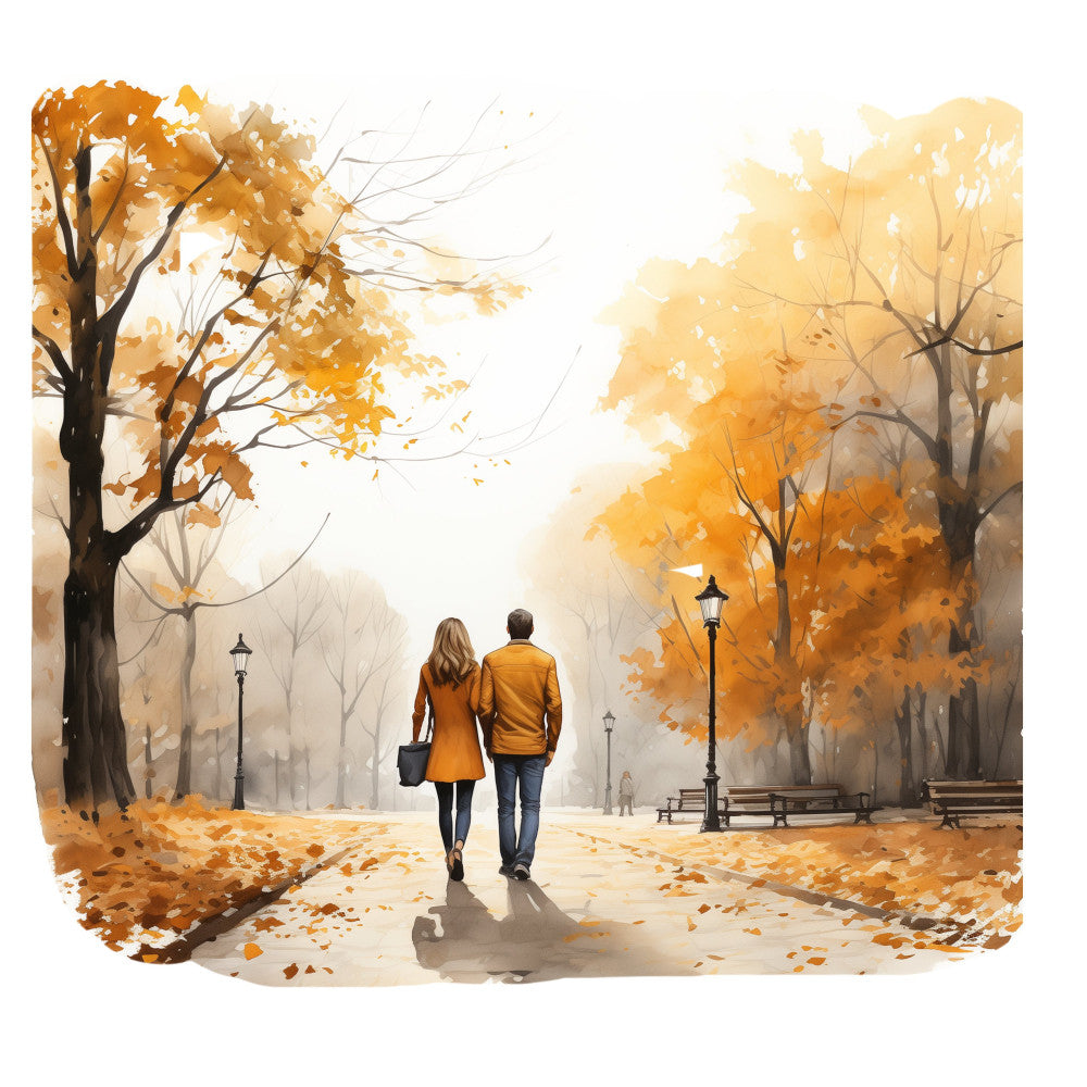 autumn, fall, golden yellow, burnt orange, warm brown, cream, beige, gray, romantic, couple, walking, park scene, nature, landscape, trees, leaves, falling leaves, nostalgic, vintage style, elegant, peaceful, serene, cozy, seasonal, autumn foliage, street lamps, benches, misty atmosphere, warm tones, decorative panel