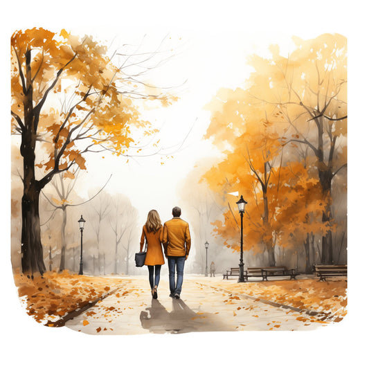autumn, fall, golden yellow, burnt orange, warm brown, cream, beige, gray, romantic, couple, walking, park scene, nature, landscape, trees, leaves, falling leaves, nostalgic, vintage style, elegant, peaceful, serene, cozy, seasonal, autumn foliage, street lamps, benches, misty atmosphere, warm tones, decorative panel