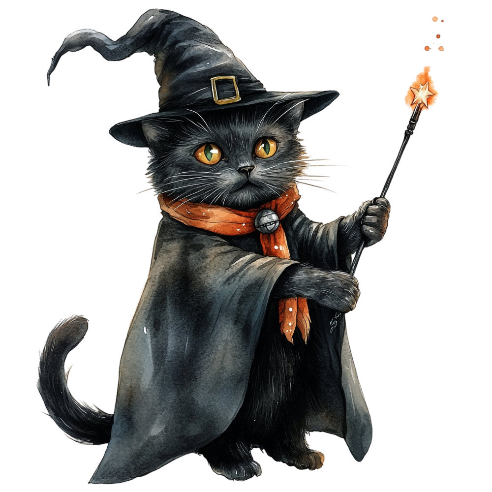 black cat, witch hat, orange eyes, magical, wizard, spell, wand, star wand, enchanted, whimsical, halloween, autumn, fall, orange accents, rust orange, charcoal black, dark academia, witchy, celestial, fantasy, storybook, children's, kids, animal character, cat lover, spooky, seasonal, holiday, dressed up cat, costume