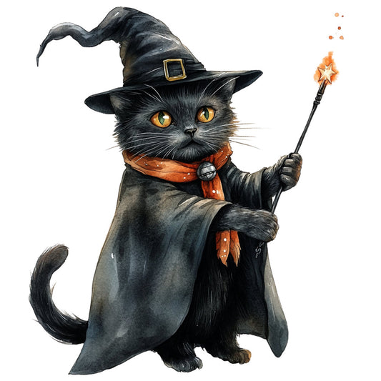 black cat, witch hat, orange eyes, magical, wizard, spell, wand, star wand, enchanted, whimsical, halloween, autumn, fall, orange accents, rust orange, charcoal black, dark academia, witchy, celestial, fantasy, storybook, children's, kids, animal character, cat lover, spooky, seasonal, holiday, dressed up cat, costume