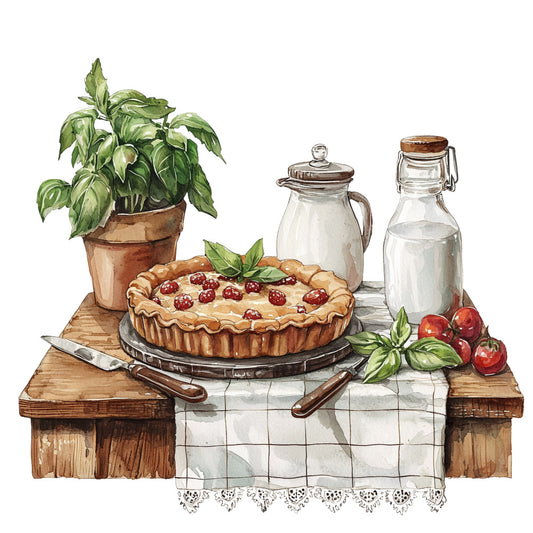 rustic kitchen, cherry pie, milk bottles, potted basil, wooden table, checkered tablecloth, country cottage, watercolor style, cream colored, sage green, terracotta pot, vintage utensils, farm fresh, baking scene, kitchen still life, fabric panel, quilting cotton, homestyle cooking, pastoral mood, cozy kitchen