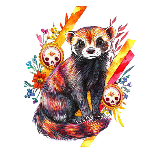 colorful, vibrant, multicolor, red, orange, yellow, pink, magenta, purple, black, white, floral, botanical, skull, day of the dead, animal, raccoon, nature, whimsical, bohemian, folk art, eclectic, artistic, decorative, festive, modern, unique, wildlife, flowers, leaves