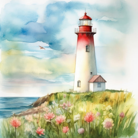 lighthouse, nautical, coastal, red and white, cream, sky blue, sage green, golden yellow, coral pink, wildflowers, flowers, daisy, nature, seaside, ocean, beach, cottage, romantic, whimsical, pastoral, scenic, landscape, spring, summer, watercolor, illustration, traditional, elegant, peaceful, serene