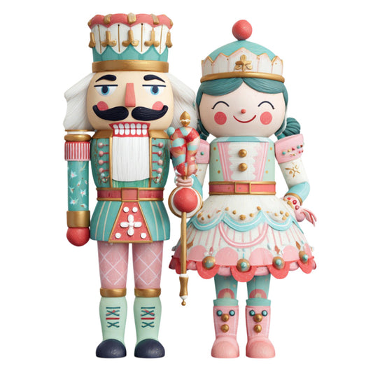 nutcracker, holiday, christmas, whimsical, vintage, toy soldier, queen, king, royal, turquoise, coral pink, cream, gold accents, decorative, festive, playful, enchanted, storybook, character fabric, children's, nursery, traditional christmas, nutcracker ballet, classic, charming, detailed print, multi-colored, december, winter