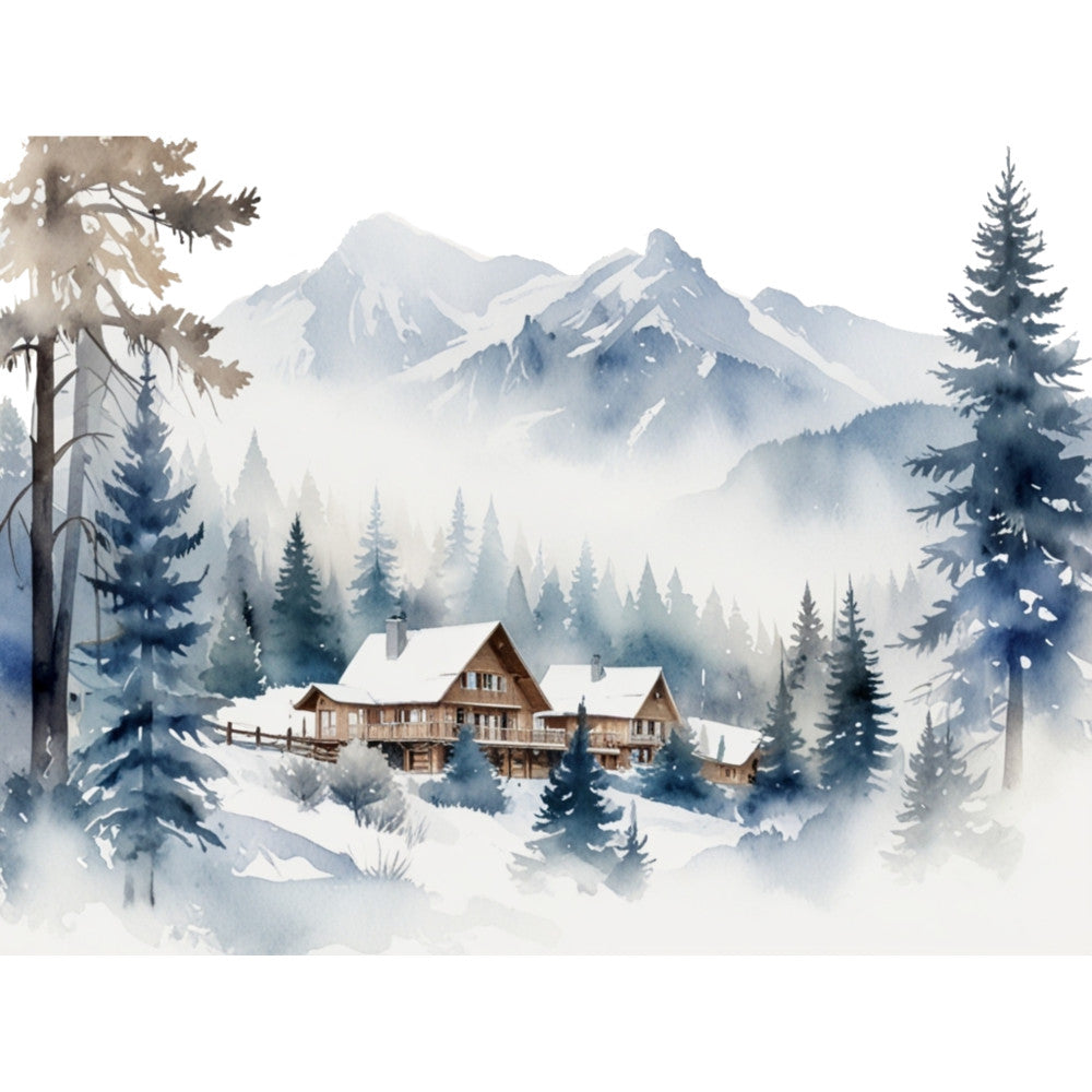 watercolor painting, winter landscape, snow-covered mountains, wooden chalets, evergreen trees, pine forest, misty atmosphere, blue tones, gray hues, white snow, fabric panel, quilting cotton, ski lodge, alpine scene, serene mood, mountain retreat, coniferous forest, peaceful setting, winter wonderland, scenic vista
