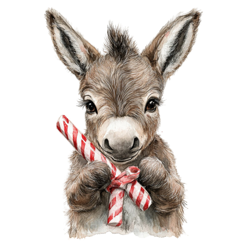 donkey, candy cane, red and white striped, tan, beige, cream, brown, holiday, christmas, festive, whimsical, cute animals, baby animals, woodland, rustic, farmhouse, winter, striped pattern, sweet, playful, nursery, children's, traditional, charming, folk art style, animal portrait, seasonal, gift wrap inspired, joy