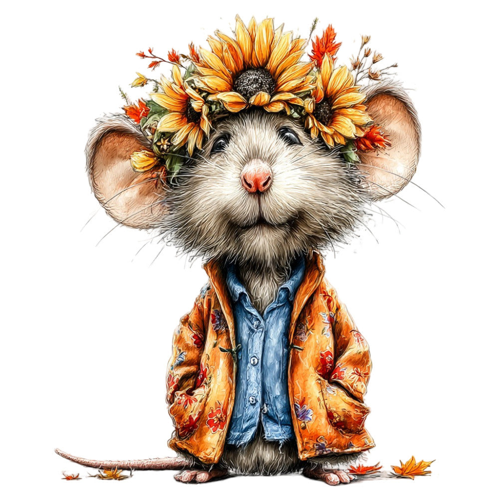 whimsical mouse, autumn colors, sunflowers, golden yellow, burnt orange, denim blue, cream white, charcoal gray, animal theme, woodland creatures, nature inspired, bohemian style, rustic farmhouse, fall season, floral crown, cozy vibes, children's theme, adorable animals, harvest time, warm tones, cute characters, storybook style, vintage inspired, cottage core, folk art, seasonal decor, baby quilt, wall hanging, decorative panel, playful design