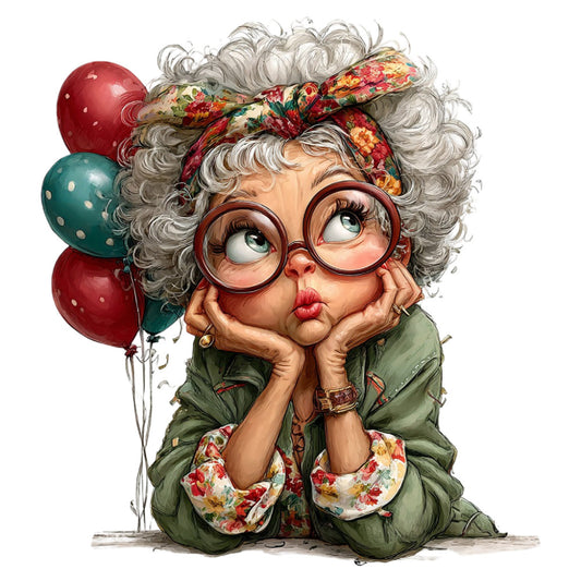 whimsical, vintage, character panel, floral print, sage green, forest green, red balloons, polka dots, illustrated, playful, grandmother figure, quirky, colorful, festive, cheerful, retro style, folk art, cottage core, character design, decorative panel, conversation starter, bold colors, patterned headwrap, vintage fashion, fun and playful, artistic illustration, personified character, mixed prints, garden themed, timeless appeal