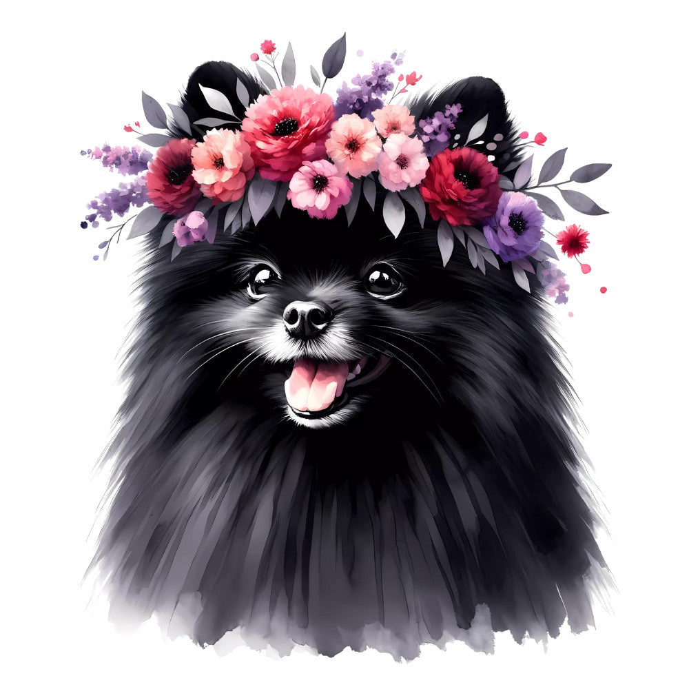 black pomeranian, fluffy dog, floral crown, pink flowers, purple flowers, red flowers, hot pink, magenta, dusty purple, soft pink, blush pink, black and white, animal portrait, dog lover, whimsical, cheerful, playful, feminine, spring, garden flowers, dahlias, gerberas, peonies, cute, decorative panel, wall art, pet themed, nature inspired