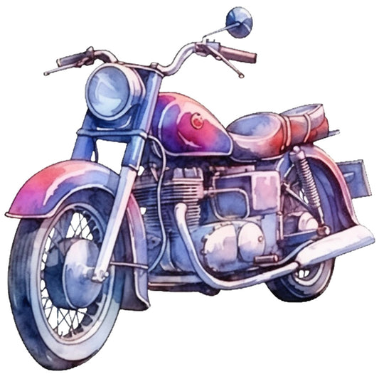vintage motorcycle, watercolor style, blue tones, purple hues, pink accents, retro bike, spoke wheels, handlebars, engine details, fabric panel, quilting cotton, transportation theme, nostalgic artwork, soft pastels, illustrated design, motorcycle art, vintage vehicle, craft fabric, sewing panel, muted colors