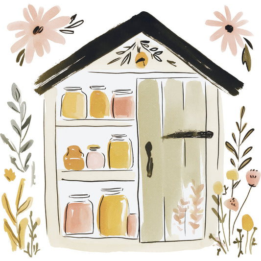 cottage core, whimsical, farmhouse, botanical, pantry, preserves, jars, spring, nature-inspired, soft pastels, cream, dusty rose, golden yellow, sage green, olive green, black accents, floral, wildflowers, daisies, botanical illustration, rustic, vintage, home and garden, folk art, hand-painted, domestic life, kitchen theme, wall art, quilt panel, cottagecore aesthetic
