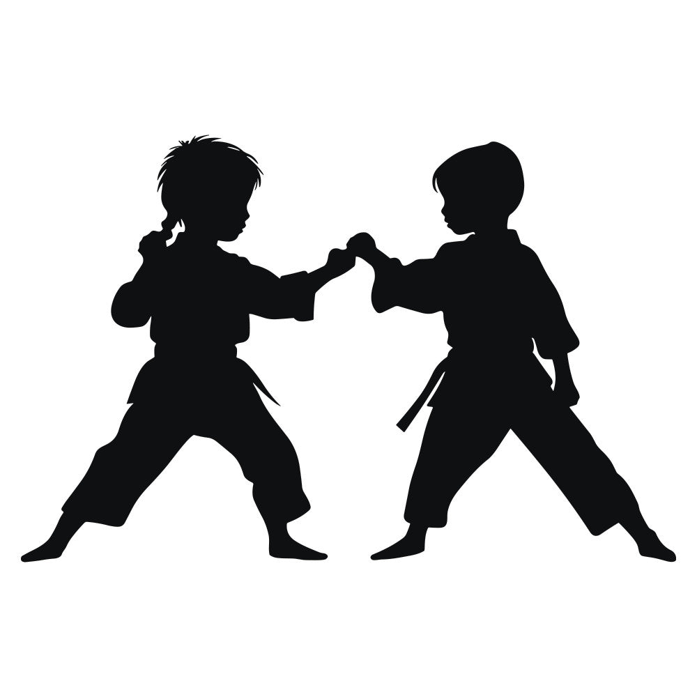 karate, martial arts, children, kids, silhouette, black, monochrome, sports, action, dynamic, boy, girl, fighting stance, combat, discipline, training, dojo, belt, traditional, asian inspired, active, movement, strength, instructor, lesson, geometric, modern, contemporary, youth, beginner
