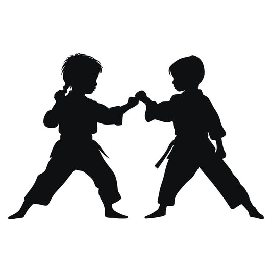 karate, martial arts, children, kids, silhouette, black, monochrome, sports, action, dynamic, boy, girl, fighting stance, combat, discipline, training, dojo, belt, traditional, asian inspired, active, movement, strength, instructor, lesson, geometric, modern, contemporary, youth, beginner