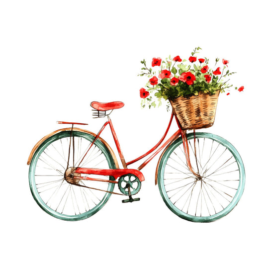 vintage bicycle, red bike, flower basket, red flowers, coral red, sage green, mint green, wicker basket, floral, botanical, nature, spring, summer, romantic, whimsical, cottage core, farmhouse, retro, nostalgic, classic, traditional, garden flowers, red poppies, cycling, transportation, panel, home decor, wall hanging, teal accents, cream background