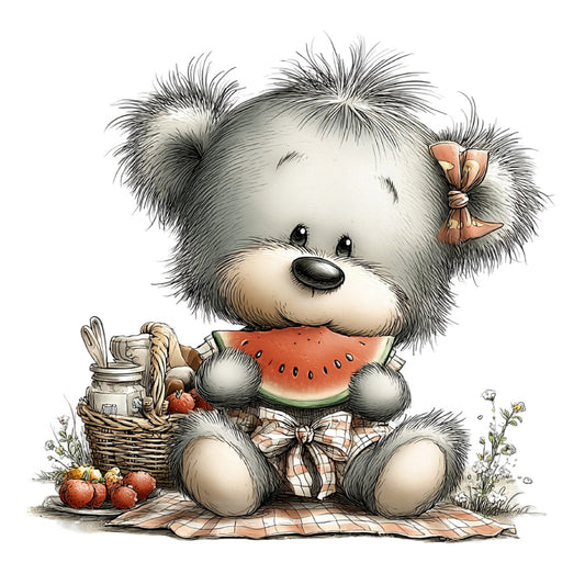 cute teddy bear, fluffy dog, picnic basket, watermelon, spring, summer, pastoral, whimsical, charming, children's, baby, nursery, cream white, soft gray, coral red, vintage illustration, storybook, picnic theme, gingham check, plaid bow, nature scene, wildflowers, tomatoes, countryside, farmhouse, sweet, gentle, adorable, kids fabric, baby shower
