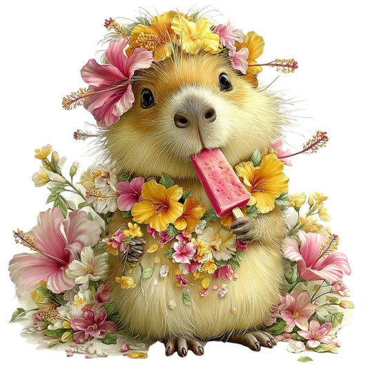 guinea pig, cute animals, flowers, floral, popsicle, summer, spring, whimsical, playful, yellow, pink, coral pink, dusty rose, cream, nature, woodland, garden, hibiscus, daisies, sweet treats, ice cream, children, kids, baby, nursery, panel, illustration, watercolor style, cottage core, springtime