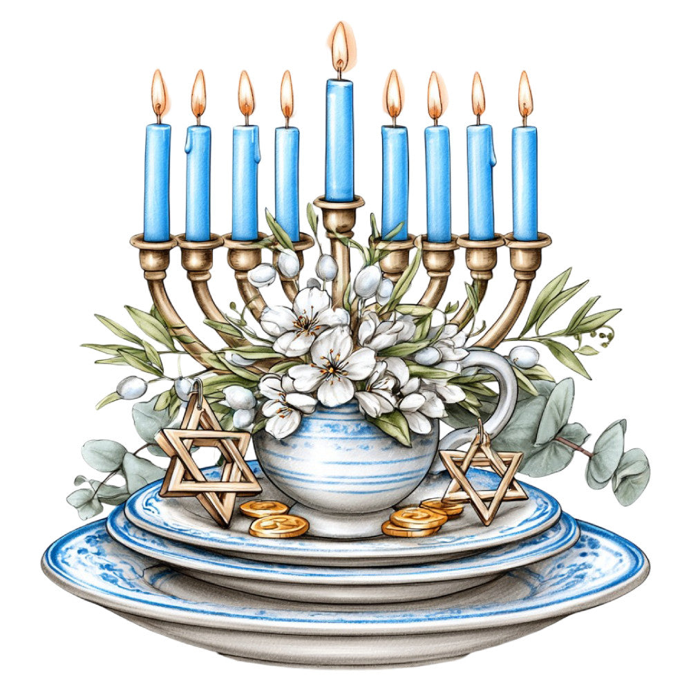 hanukkah, menorah, jewish holiday, blue candles, white flowers, star of david, religious, traditional, elegant, gold accents, floral arrangement, spring flowers, blue and white, ceramic pottery, decorative, festive, holiday celebration, copper bronze, botanical, eucalyptus leaves, gentle, refined, cultural, spiritual, ceremonial, illustrated, whimsical elegant, heirloom, multi-generational, timeless