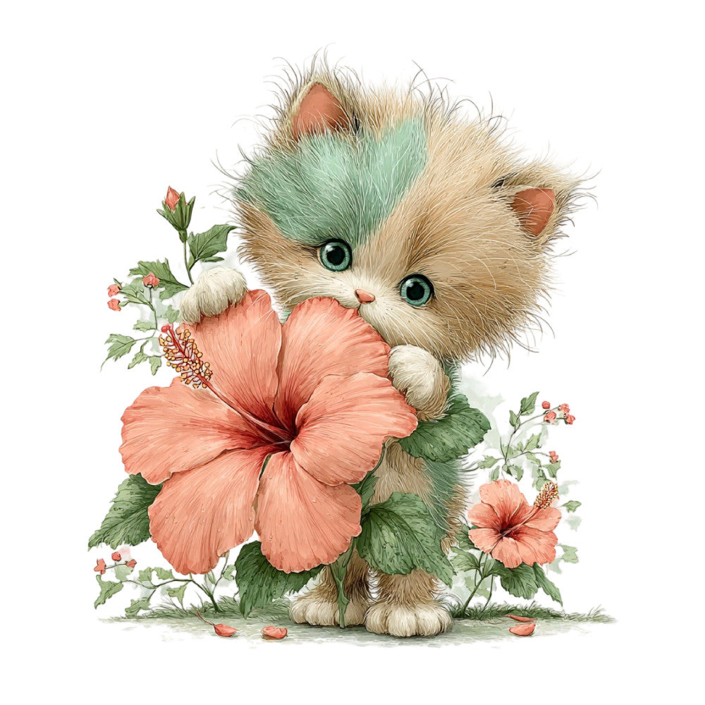 adorable kitten, cat, fluffy cat, cute animals, hibiscus, coral pink, sage green, cream, soft pastels, floral, botanical, nature, whimsical, playful, sweet, gentle, baby, children's, spring, summer, nursery, baby quilt, wall hanging, tender, innocent, delicate, decorative, illustration art, watercolor style