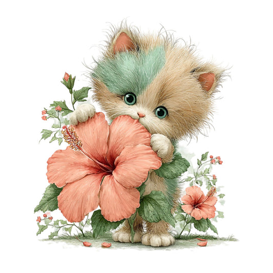 adorable kitten, cat, fluffy cat, cute animals, hibiscus, coral pink, sage green, cream, soft pastels, floral, botanical, nature, whimsical, playful, sweet, gentle, baby, children's, spring, summer, nursery, baby quilt, wall hanging, tender, innocent, delicate, decorative, illustration art, watercolor style