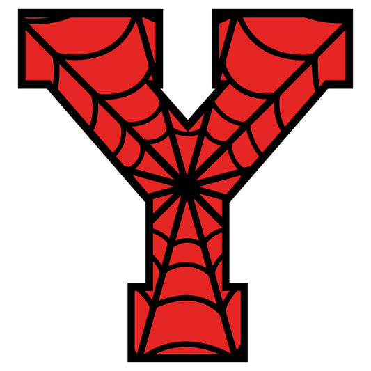 red, black, spider web pattern, letter y, alphabet design, superhero theme, comic book style, geometric lines, radial design, fabric panel, quilting cotton, children's fabric, bold graphics, web motif, costume inspired, crafting material, apparel fabric, novelty print
